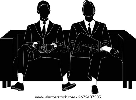 Silhouette illustration of two young confident businesses men in suits sitting on a couch. 