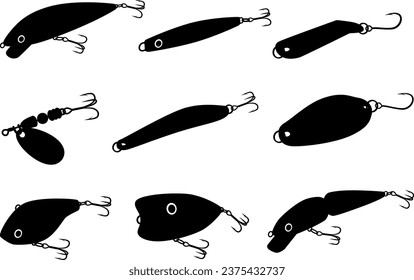 Silhouette illustration of various types of fishing lures