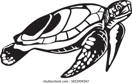 Silhouette Illustration vector Turtle swimming black and white