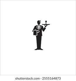 Silhouette illustration of a waiter holding a tray and mug, representing hospitality and service professionalism. Ideal for concepts related to dining, restaurant service, and catering industry visual