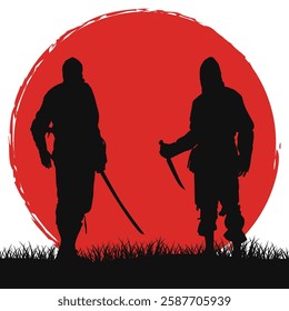 silhouette illustration of warrior and ninja