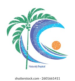Silhouette illustration of wave and coconut tree. Stylized art representing the tropical coastal climate.