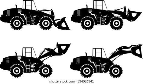 Silhouette illustration of wheel loaders, heavy equipment and machinery on white background.