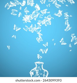 A silhouette illustration of white butterflies flying out from a glass jar, creating a magical atmosphere against a blue background.