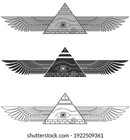 Silhouette illustration Winged pyramid with eye of horus, ancient egyptian pyramid with wings, balco and black, grayscale