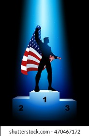 Silhouette illustration of a winner on rank podium holding the flag of USA 