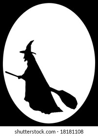 silhouette illustration of a witch flying in front of the full moon on Halloween