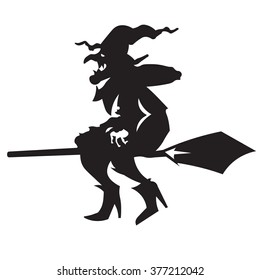 Silhouette illustration witch flying on a broomstick.
