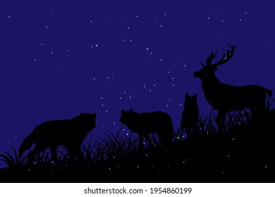 Silhouette illustration of wolf and deer in mountain meadow when blue night is full of stars
