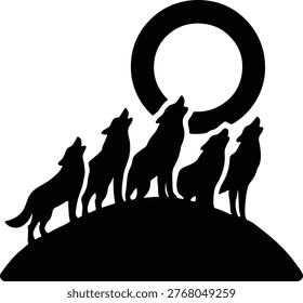 Silhouette illustration of a wolf pack howling at the moon. Depicts a group of wolves silhouetted against a full moon on top of a hill. The illustration conveys a sense of wilderness, nocturnal activity, and the pack mentality of wolves.