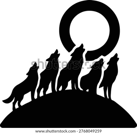 Silhouette illustration of a wolf pack howling at the moon. Depicts a group of wolves silhouetted against a full moon on top of a hill. The illustration conveys a sense of wilderness, nocturnal activity, and the pack mentality of wolves.