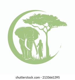 silhouette illustration of woman and elephant walking