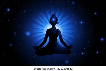 Ilustración de silueta de una figura femenina meditando en el espacio, la iluminación, manifestando pensamientos positivos