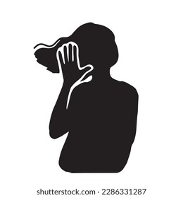 Silhouette illustration of a woman listening with her hands over her ears　 black	