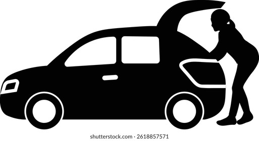 Silhouette illustration of a woman loading luggage into the trunk of a car