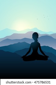 Silhouette illustration of a woman meditating on the mountain