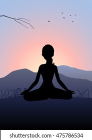 Silhouette illustration of a woman meditating on the mountain