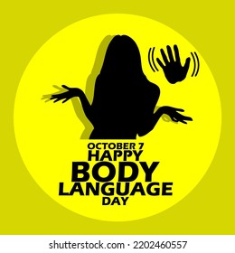 Silhouette illustration of a woman saying she doesn't know with body language and a waving palm icon with bold text on yellow background, Body Language Day on October 7