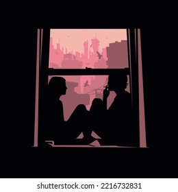 Silhouette Illustration of Young Couple Sit on The Bedroom Window with Backgound of City Lanscape view Perfect for Poster, Banner, Pamflet, Book Cover