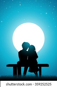 Silhouette illustration of a young lover sitting watching the moon