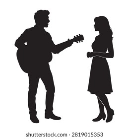 Silhouette illustration of young man playing guitar and singing to woman standing facing him as romantic concept art for relationship music love date social interaction on white background. This black graphic art shows musical performance couple courtship bonding dating together lifestyle.