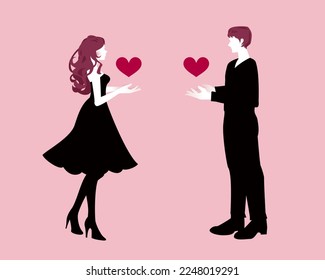Silhouette illustration.Both the man and the woman hold heart-shaped objects in their hands. It is a symbol of their love for each other.Pink background.