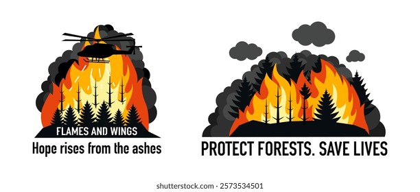 Silhouette Illustrations of a Burning Forest with a Helicopter Extinguishing the Flames, Conceptual