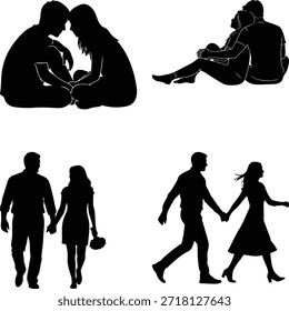 Silhueta ilustrações de casais em várias poses íntimas e casuais