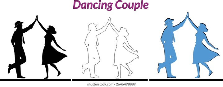 Silhouette illustrations of dancing couple in various styles suitable for romance and love concepts.