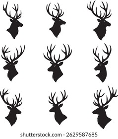 Silhouette illustrations of deer heads arranged on a white background perfect for design elements.