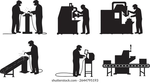 Silhouette illustrations depict industrial workers engaged in welding, machining, and other manufacturing processes. Perfect for illustrating factory work, industry, or production.