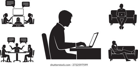 Ilustrações em forma de silhueta que descrevem trabalho remoto, reuniões virtuais e comunicação.