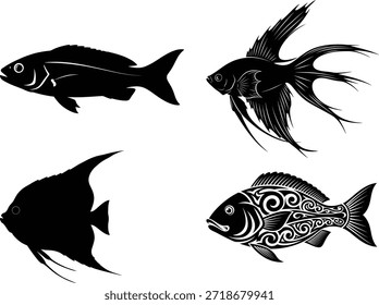 Silhouette illustrations of four different fish species