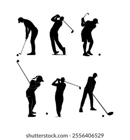 Silhouette Illustrations of Golfers in Various Swing Poses on White Background	