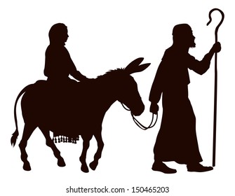 Silhouette illustrations of Mary and Joseph journeying with a donkey looking for a place to stay on Christmas Eve.