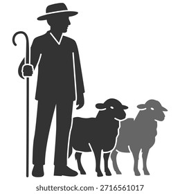 Ilustraciones de la silueta del pastor con el personal y dos ovejas. Vector plano de un hombre con sombrero con el ganado sobre fondo transparente. Diseño en blanco y negro de la vida del agricultor en el pueblo.