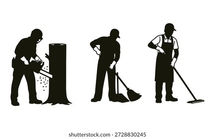 Ilustraciones de la silueta de tres hombres que realizan varias tareas de trabajo de patio afuera