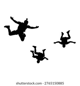 Silhouette illustrations of three skydivers captured midair during a freefall with arms and legs spread widely vector on white background