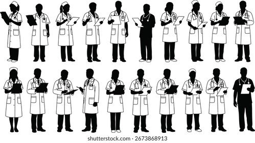 Ilustraciones de siluetas de varios médicos y enfermeras, probablemente para su uso en un contexto médico o de atención médica.