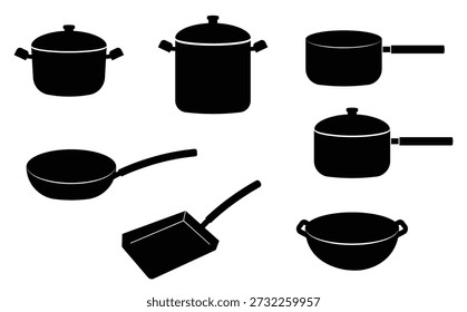 Silhouette illustrations of various types of pots and pans
