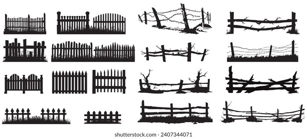 Silhouette Illustrations of Wooden Fences on White Background