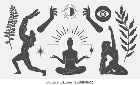 Silhouette illustrations of yoga poses, meditation, and spiritual symbols. Yoga, meditation, and spiritual elements are central. Black and white design. Spirituality vector set.