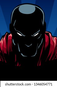 Silhouette ilustration of the portrait of powerful superhero looking at camera with tough facial expression.