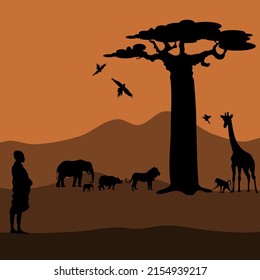silhouette image of a baobab tree, giraffe, monkey, lion, elephant, pig and a traditional forest ranger. vector illustration design