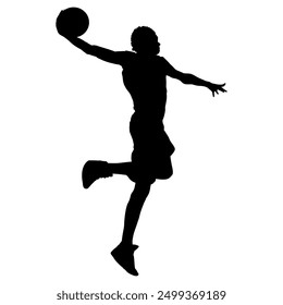 Silhouette image of a basketball player jumping to dunk on a transparent background. Perfect for stickers, tattoos, icons, logos and advertising