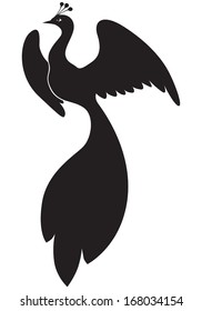 Silhouette image of a beautiful bird with a long grand tail and tufted