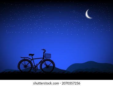 silhouette image A bicycle with Moon in the sky at night time design vector illustration