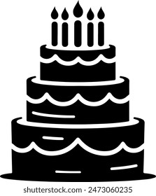 A silhouette image of a birthday cake in black. The cake should have multiple layers with candles on top, showing a classic birthday cake design. The background should be plain to highlight the black.