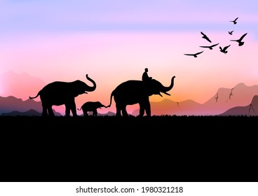 silhouette image Black elephant with Elephant mahout walking at the forest with mountain and sunset background Evening light vector Illustration