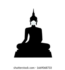 Silhouette image of Buddha statue isolated on white background with N95 mask. Concept about health, hygiene, hospitality, medical, disease, viruses and etc.